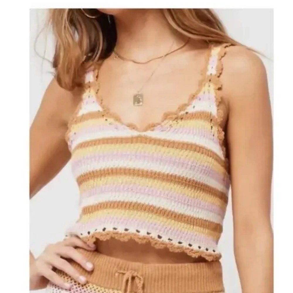 L*Space Turn the Tide Crochet Striped‎ Tank Top Multi Color Womens Large NWT